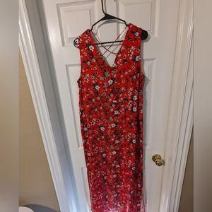 Vero Moda Red Floral maxi dress with slit and criss cross back detail NWT
